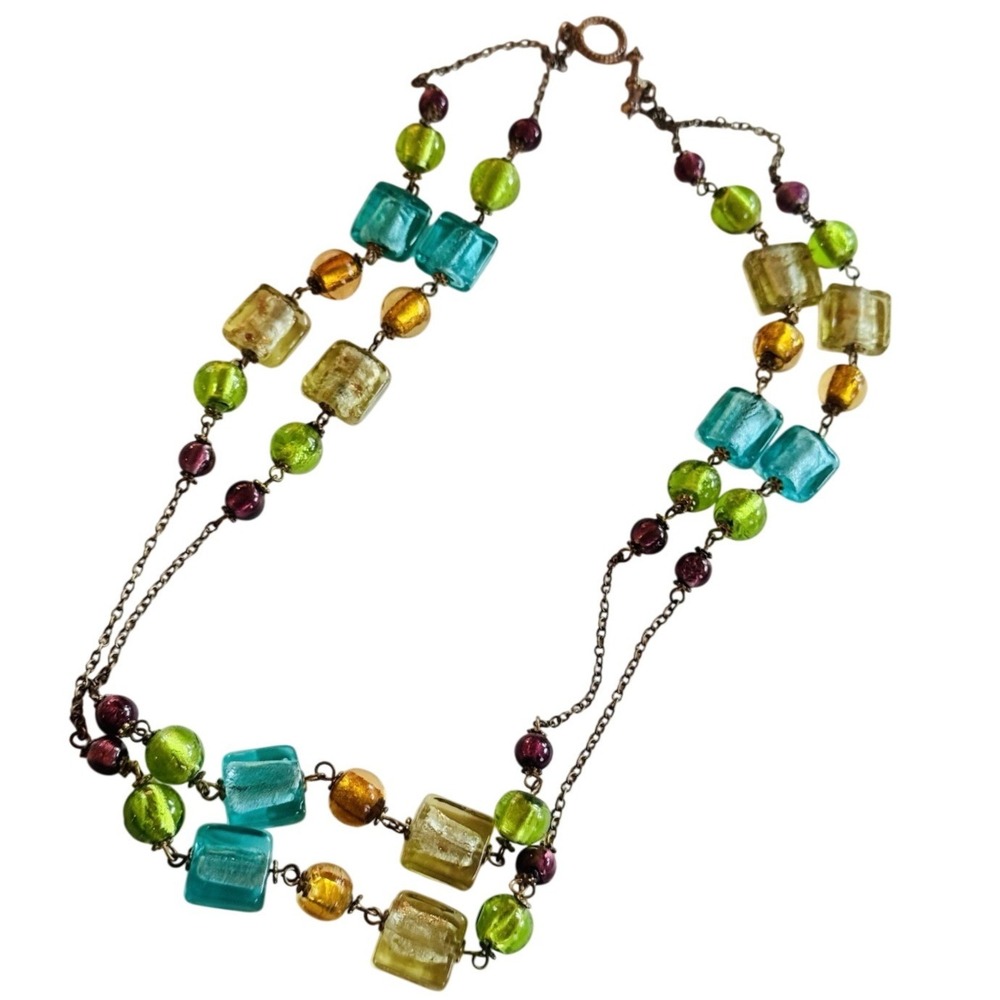 VTG Art glass Necklace Silver Foil Fleck Chunky Beads Colorful Beaded Collar 22"